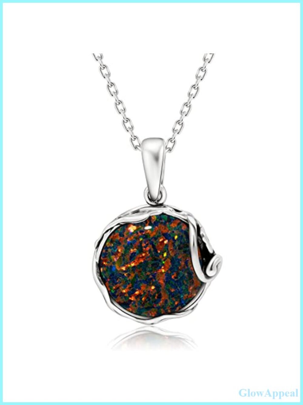 925 Sterling Silver Simulated Black Opal Pendant Necklace October Birthstone